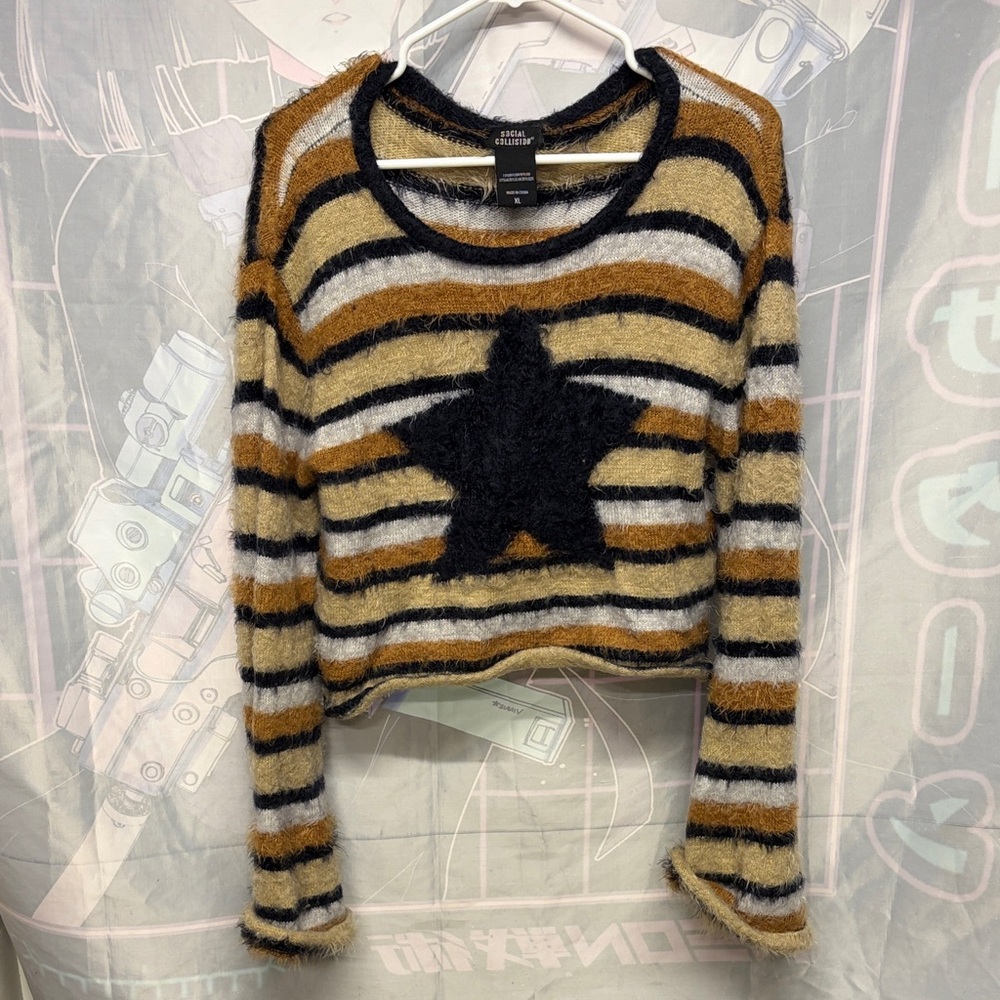 Striped STAR Detail Fuzzy Sweater